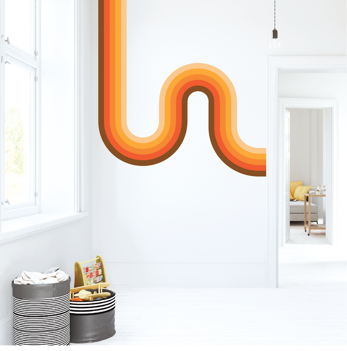  Warm retro curve stripe wall decal in mid century modern living space