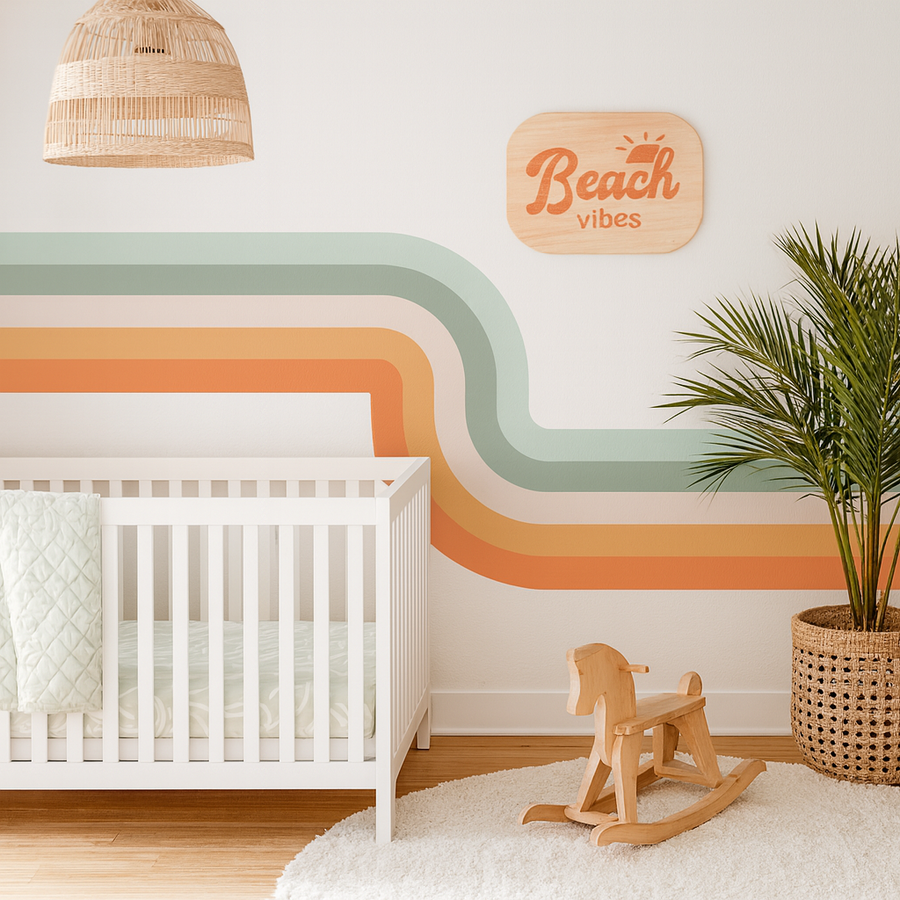 Coastal retro stripe wall decal in green and orange tones in modern nursery