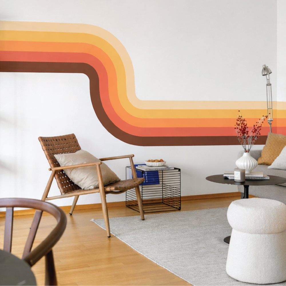 70s retro stripe wall decal in warm mustard, orange, and brown tones in mid century modern living room