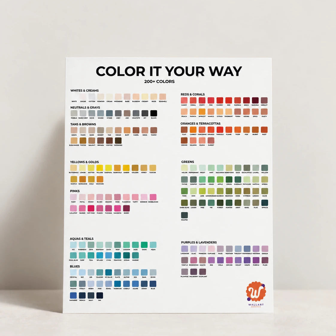 WallArtDesignCo wall decal color chart with 200 plus colors