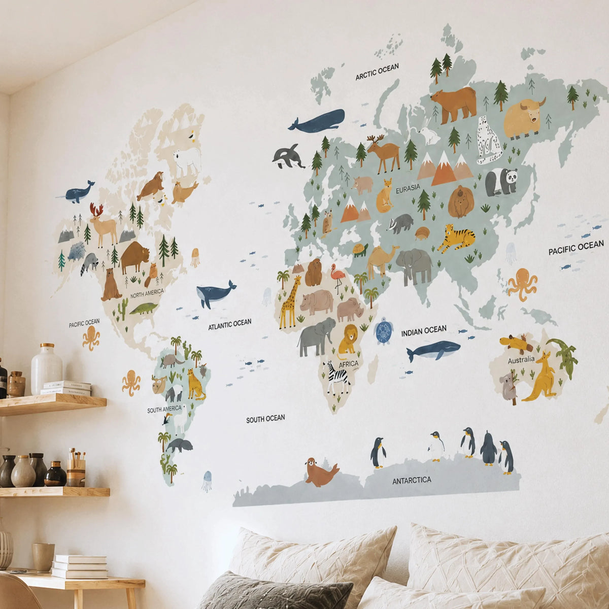 Kids World Map Animal Wall Decal